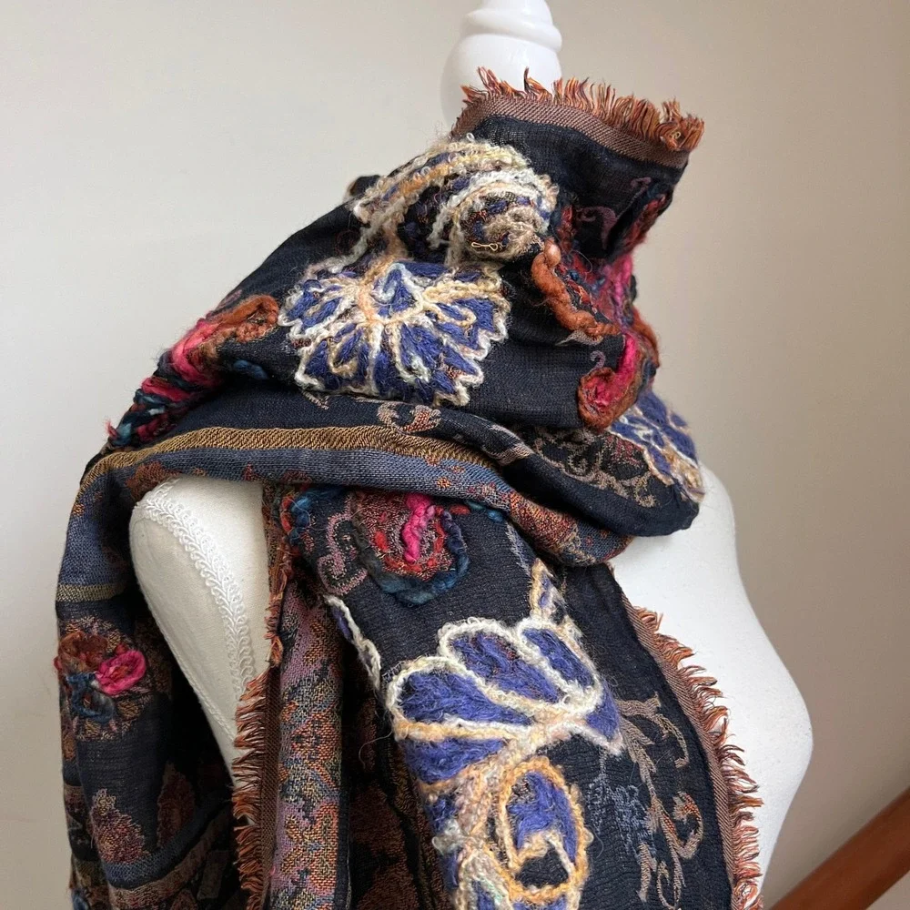 Vintage Boho Floral Tapestry Scarf Shawl Dark Artsy Forest Folk Chunky Wrap